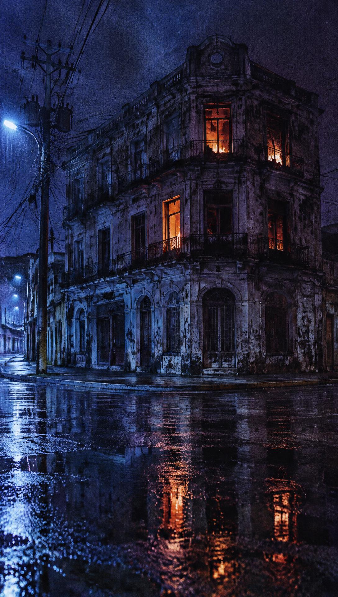 Fachada nocturna del Hotel Trapsilvania con ventanas en llamas